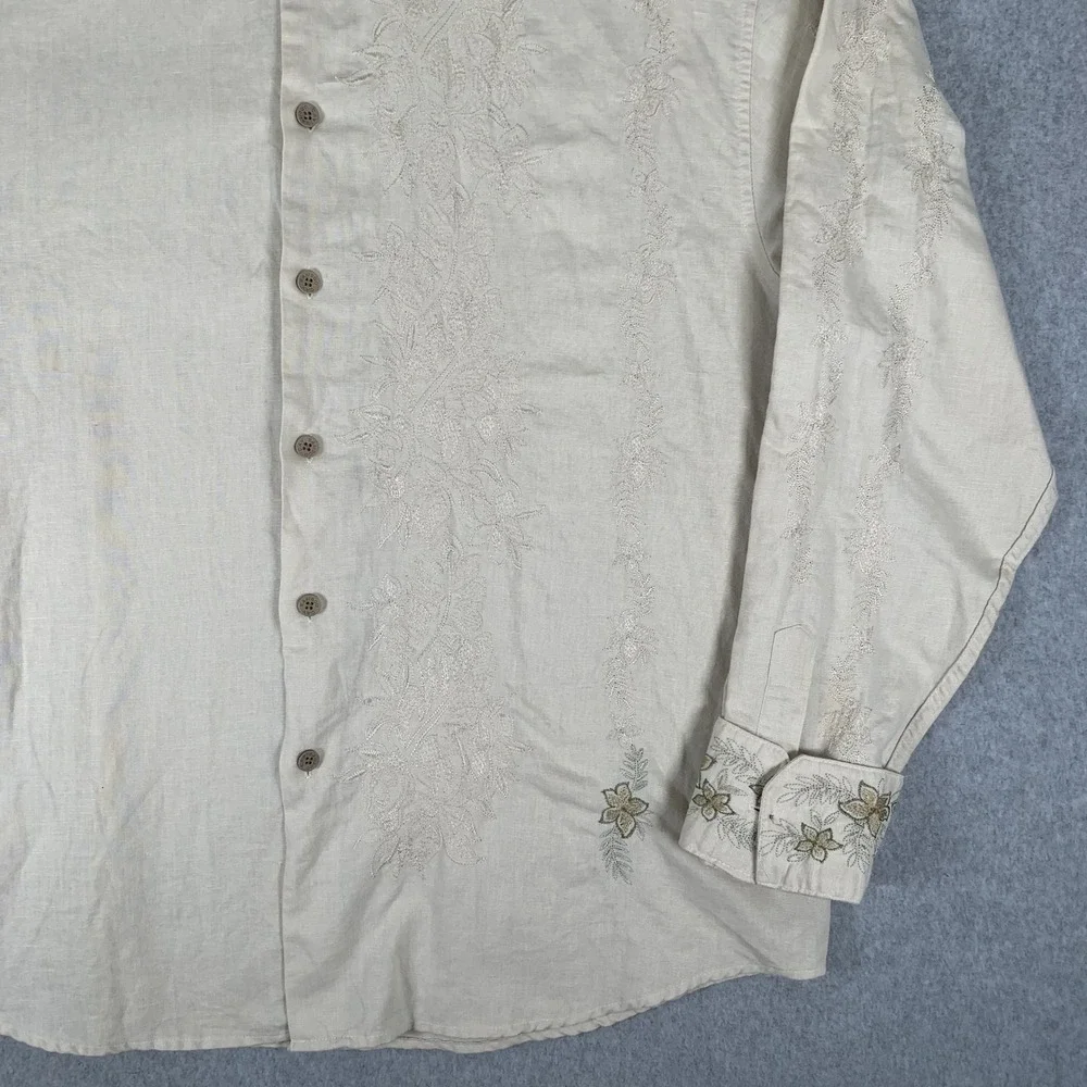 Bamboo Cay Button Down Shirt Mens XL Cream Linen Cotton Floral Embroidered